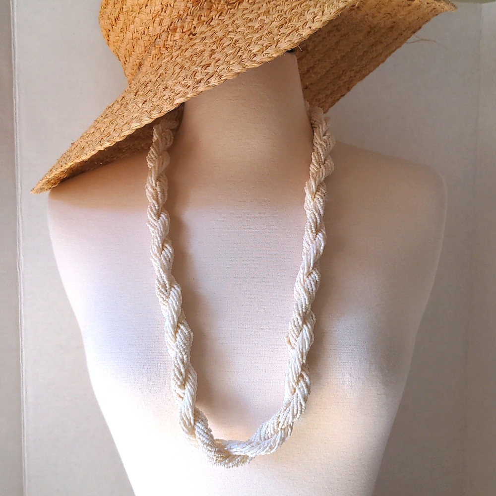Long Beaded Necklace Cream Tones Bugle Beads Seed Beads Beachy